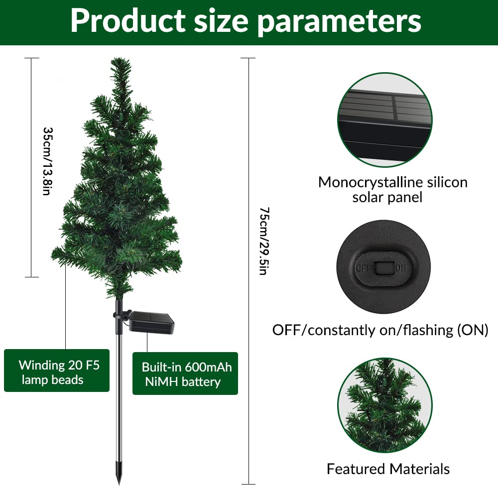 Paquet de 2 lumières solaires sur piquet de jardin de noël, lumière décorative d'arbre de noël, lumières solaires de chemin de noël, décoration - 4