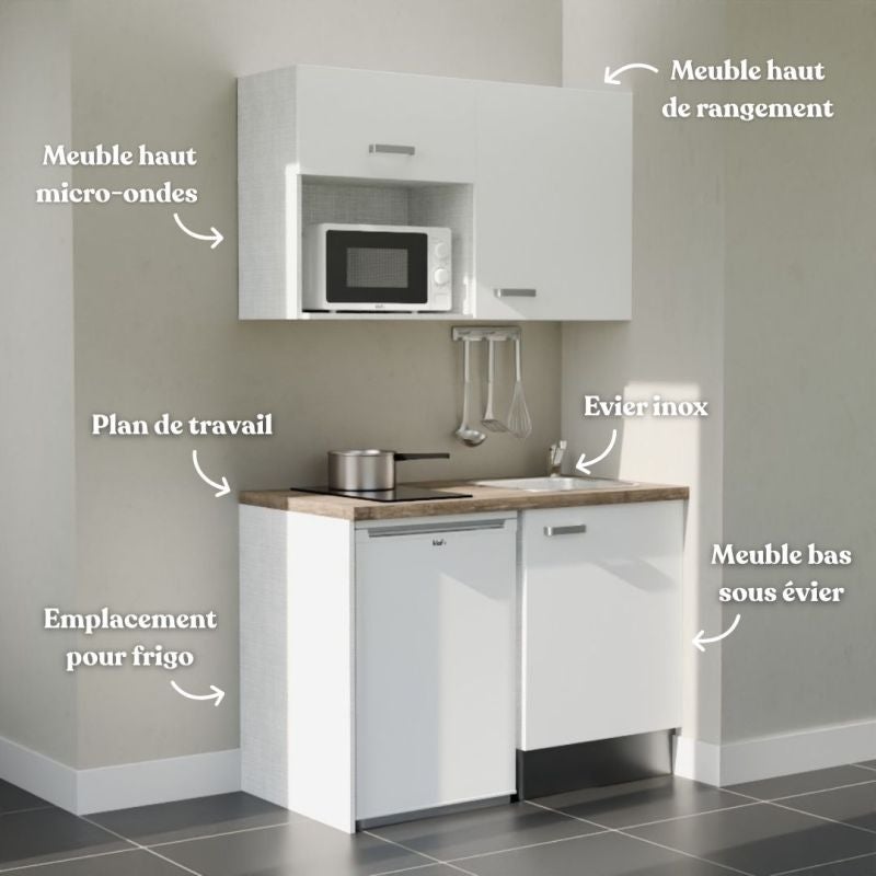 Kitchenette K07L-PT - 120 cm avec plan de travail et évier, emplacements frigo et micro-ondes - 3