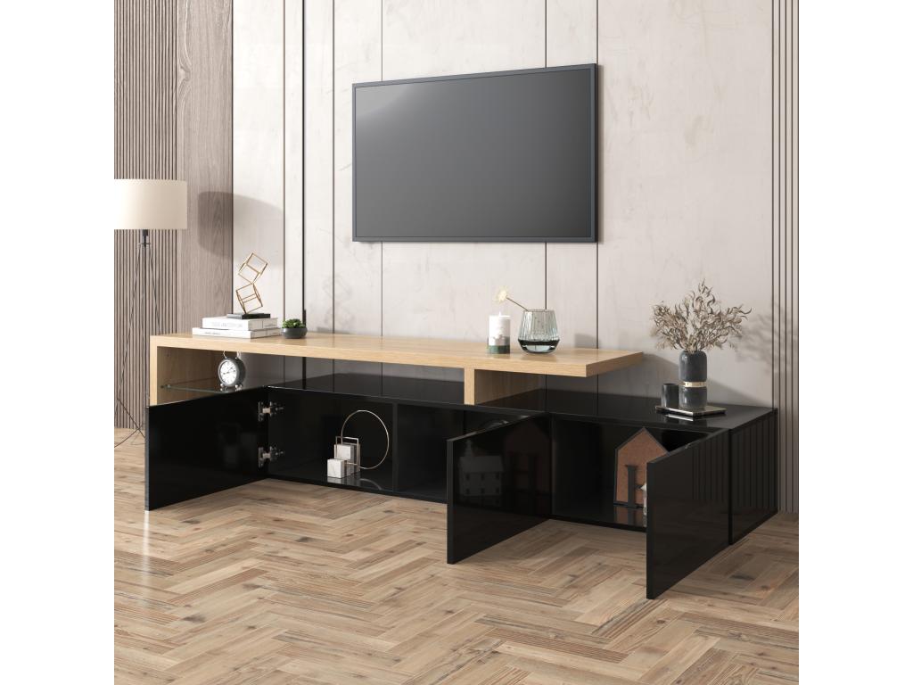 Meuble TV Scandinave Avec 2 Étagères Latérales & 2 Portes – 233 Cm Noir Effet Bois, Rangement Optimisé - 10