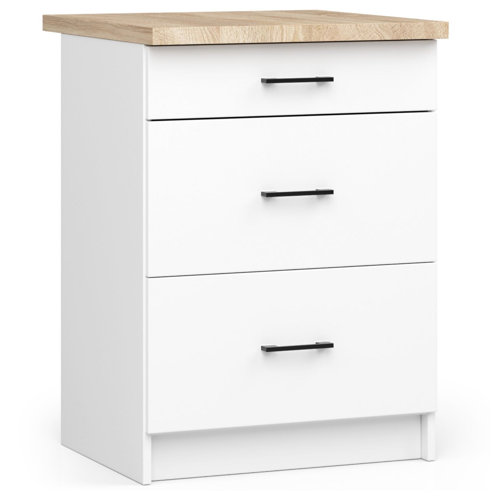 Szafka kuchenna na nóżkach: 3 szuflady, kolor biały, szerokość: 60 cm, wysokość: 85 cm, głębokość: 46 cm.