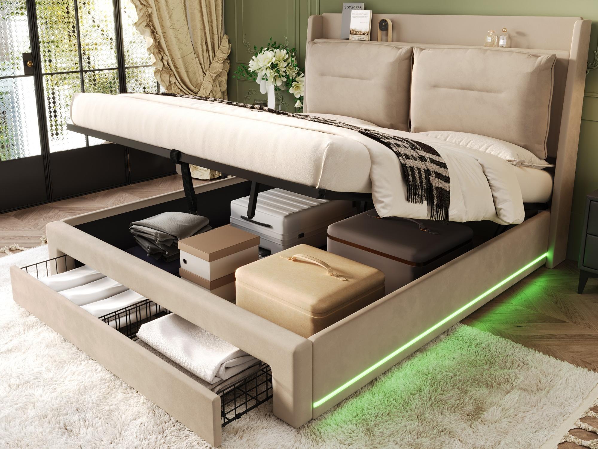 Łóżko skrzyniowe tapicerowane aksamitem - 140x190 cm - 2 szuflady na końcu łóżka - wpuszczane oświetlenie LED u podnóża łóżka - Beżowy (bez materaca)