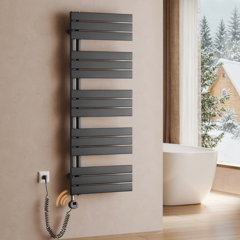 Grzejnik łazienkowy elektryczny WiFi z inteligentnym termostatem – Zdalne sterowanie przez aplikację, montaż na ścianie, antracytowy, 132×50 cm,800 W