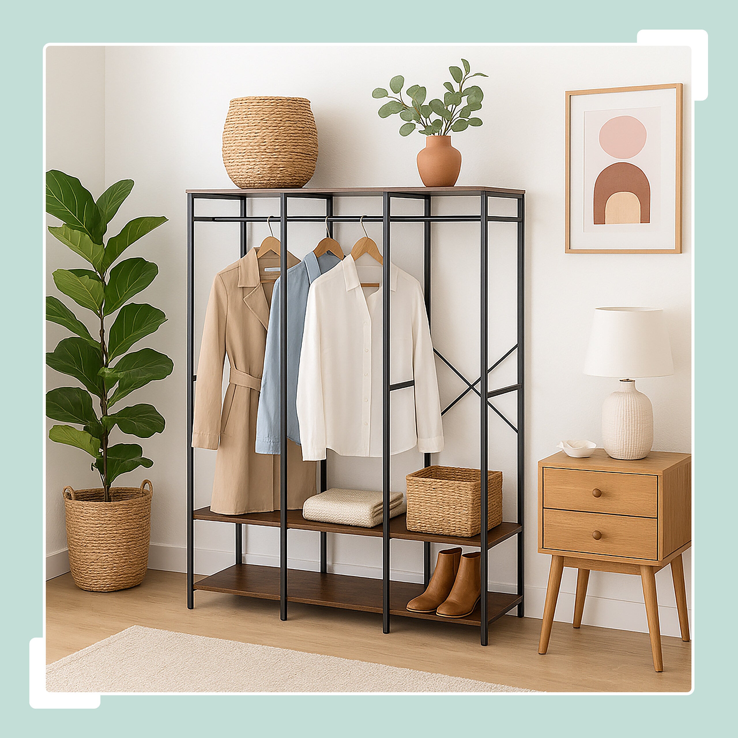 Cabideiro, aberto, armário, prateleiras e barra, 180 x 141 x 40 cm, cabideiro, metal, preto/castanho, Relaxdays - 3