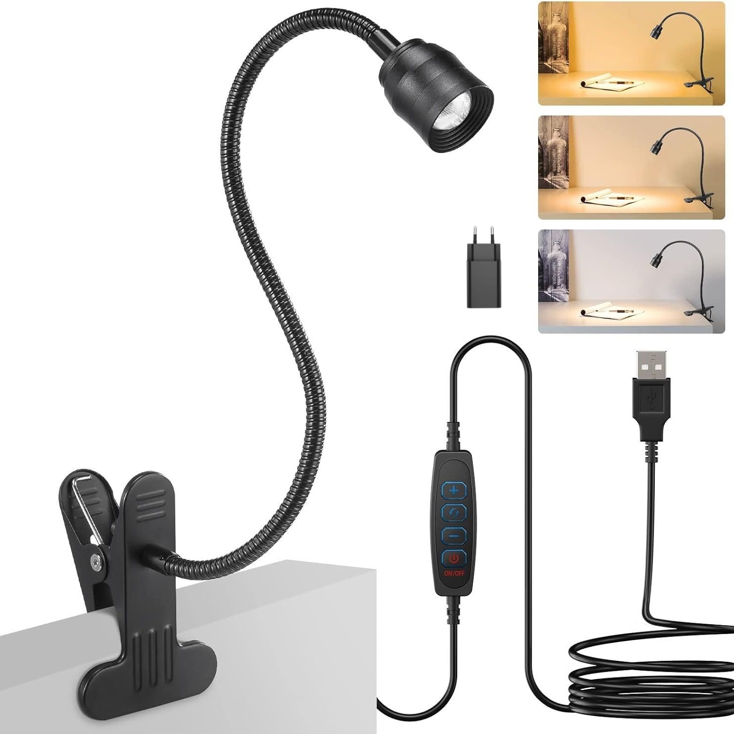 Lampa biurkowa z zaciskiem, lampa do czytania z giętką szyjką gęsią 360° (z ładowarką), lampa z zaciskiem z 3 trybami oświetlenia i 10 poziomami jasno