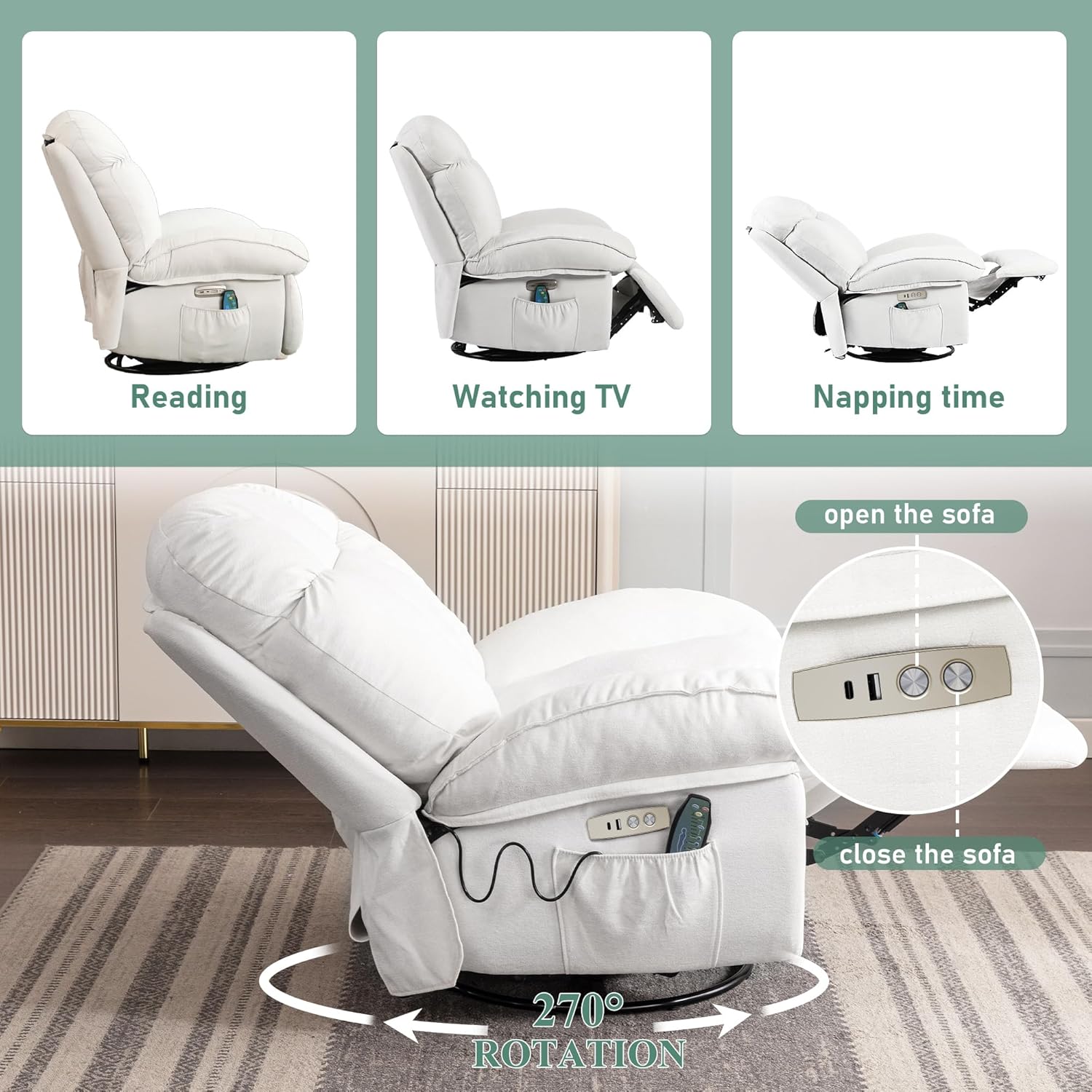 Fauteuil à bascule pivotant électrique avec fonctions de massage et de chauffage, fauteuil inclinable électrique pour adultes, blanc. - 5