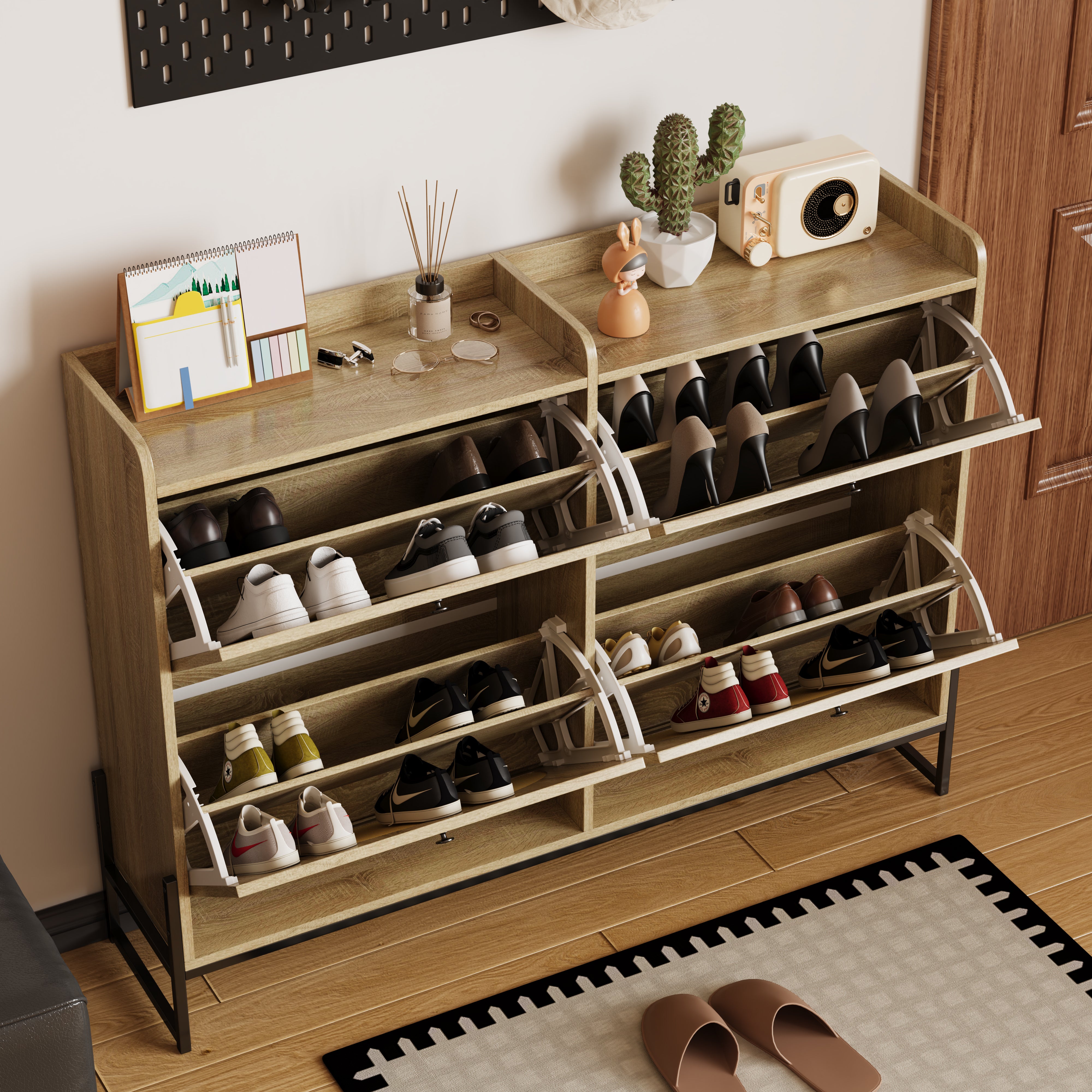 Szafka na buty 121 x 25 x 91,5 cm - z 4 drzwiczkami opuszczanymi - drzwi rattanowe - płyta wiórowa - kolor naturalny