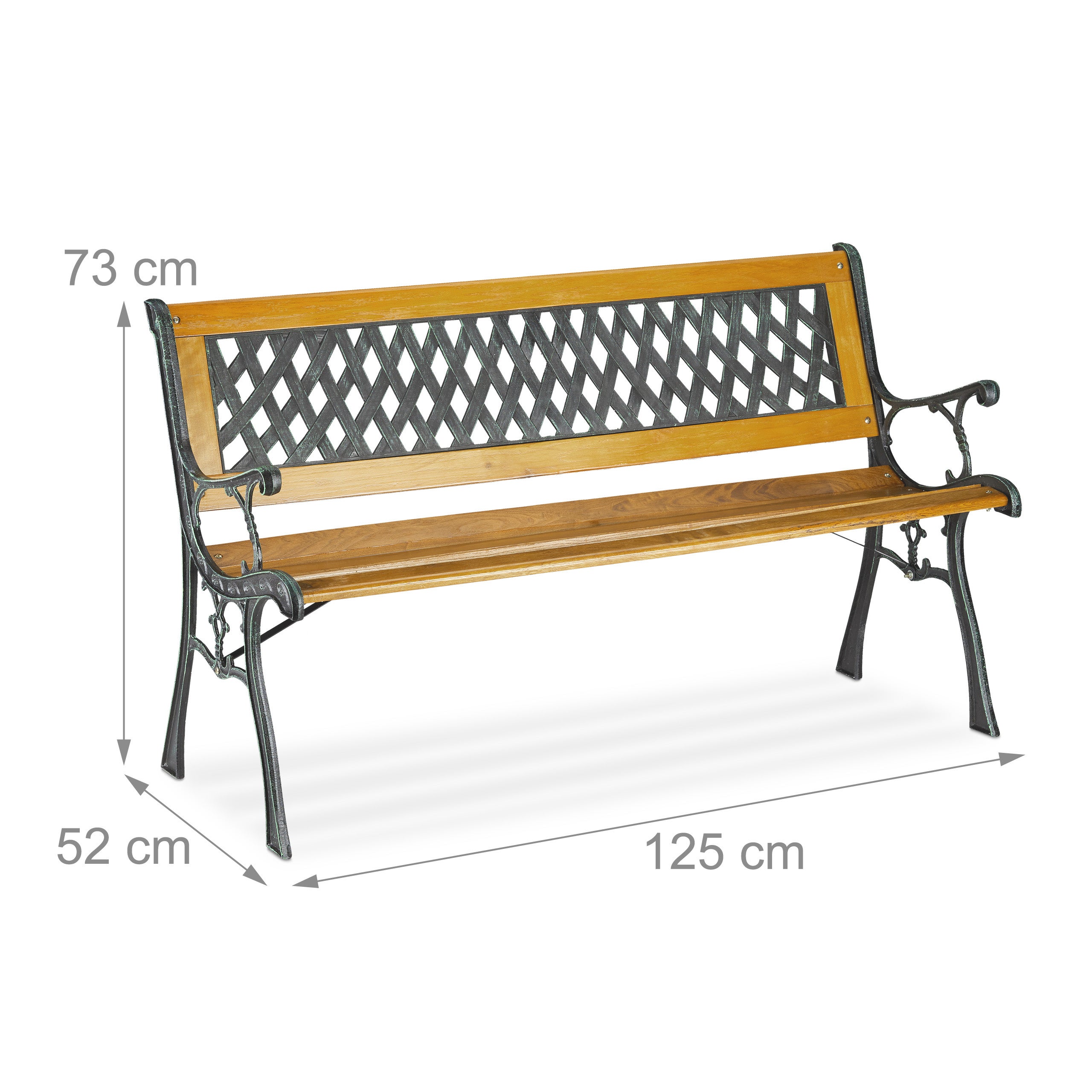 Banc de jardin, 2 sièges, bois, fonte, balcon et terrasse, rustique, HxLxP 73 x 125 x 52 cm, nature/vert, Relaxdays - 4