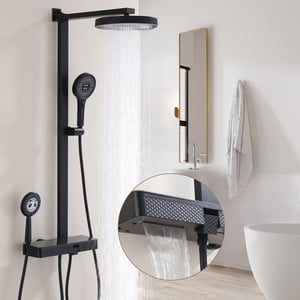 Colonne de Douche Thermostatique 38℃ avec Plateau de Rangement Ensemble de douche 4 fonctions avec douchette pour enfants