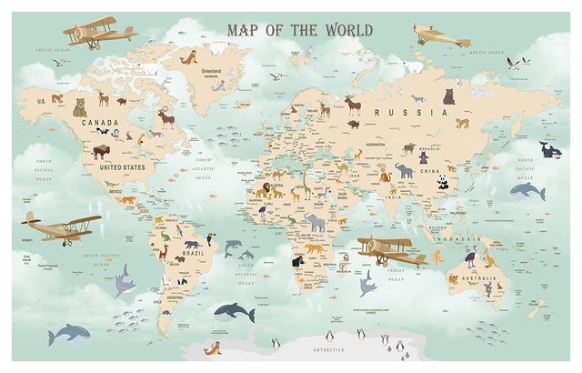 Cartel enfant map of animals world - 60x40cm - made in France