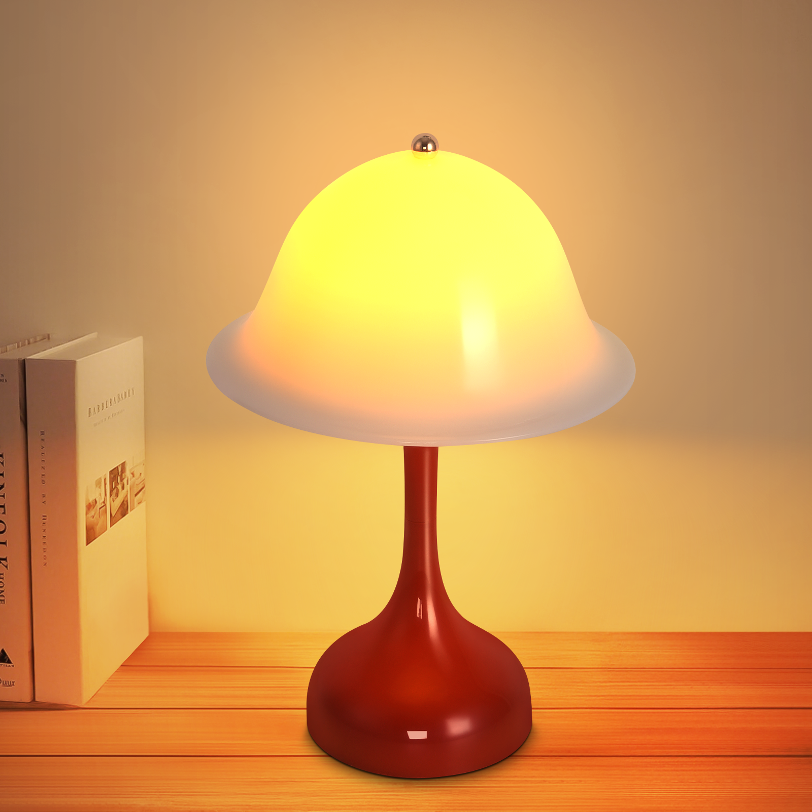 Nettlife Lampa StoﾅＰwa Bezprzewodowa LED - Czerwona Lampka Nocna Dotykowa, KsztaﾅＵ Kapelusza, USB Akumulator, Salon Sypialnia
