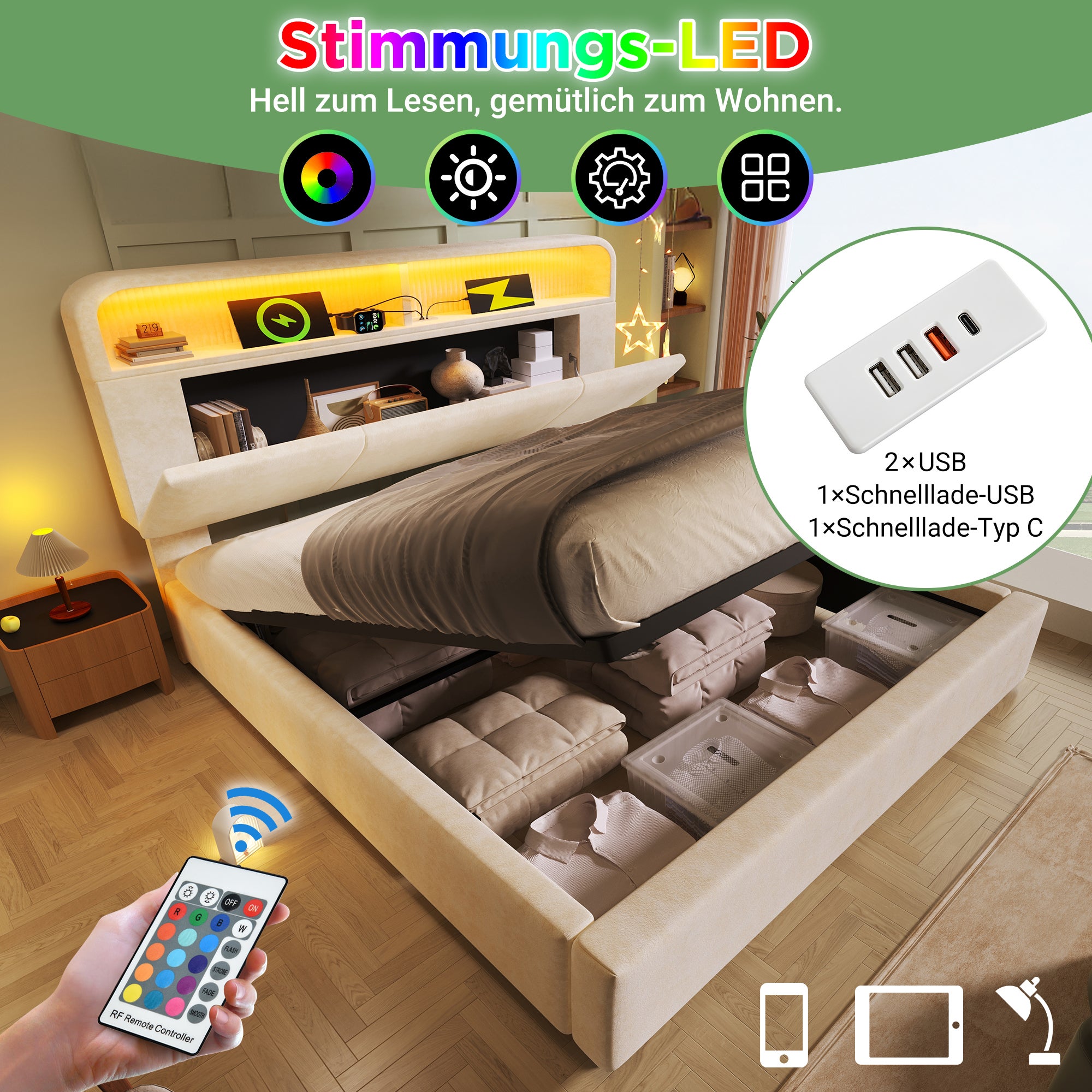 Lit coffre 140 x 190 cm avec tête de lit rangemnt - Velours - LEDs, charge USB/Type-C - Sommier à lattes - Beige (matelas non inclus) - 4
