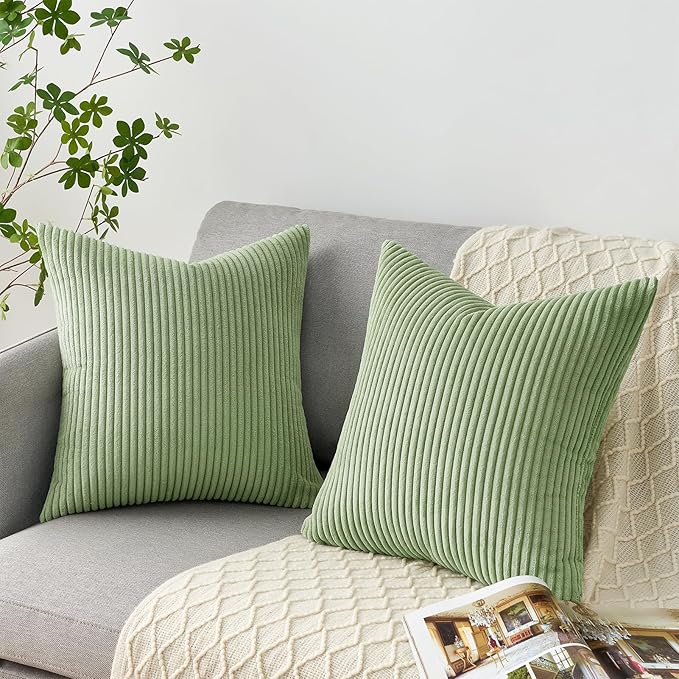 Lot de 4 Housses de Coussin en Velours Côtelé Vert Sauge, 50x50 cm, Moderne et Doux, Fermeture Cachée, Décor Canapé, Salon - 4