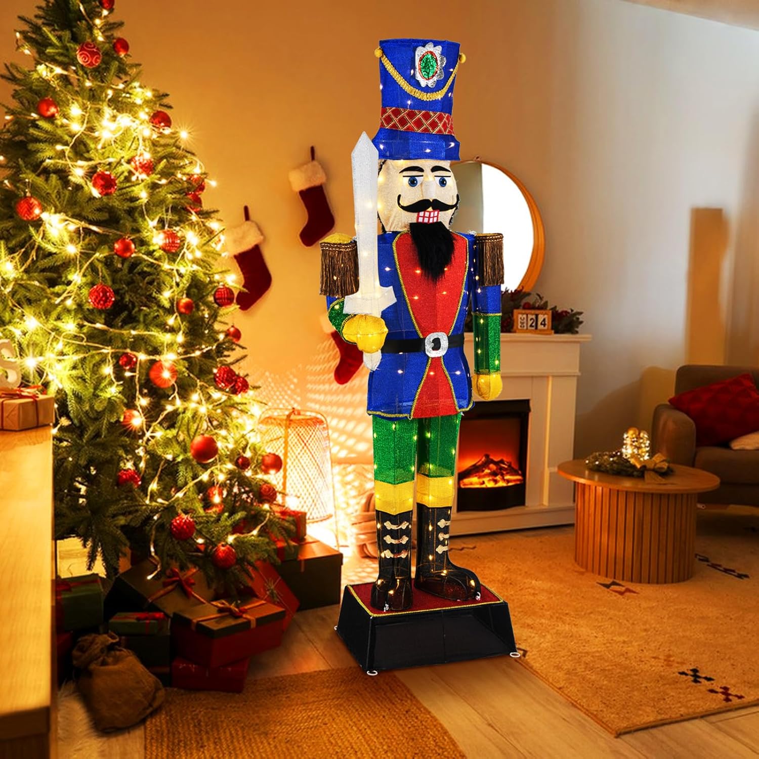 184 CM Soldado Cascanueces Grande de Navidad, Soldado Decorativo Iluminado con Espada, 110 Luces LED, Sujetacables y Estacas, Decoración Navideña Exte - 8