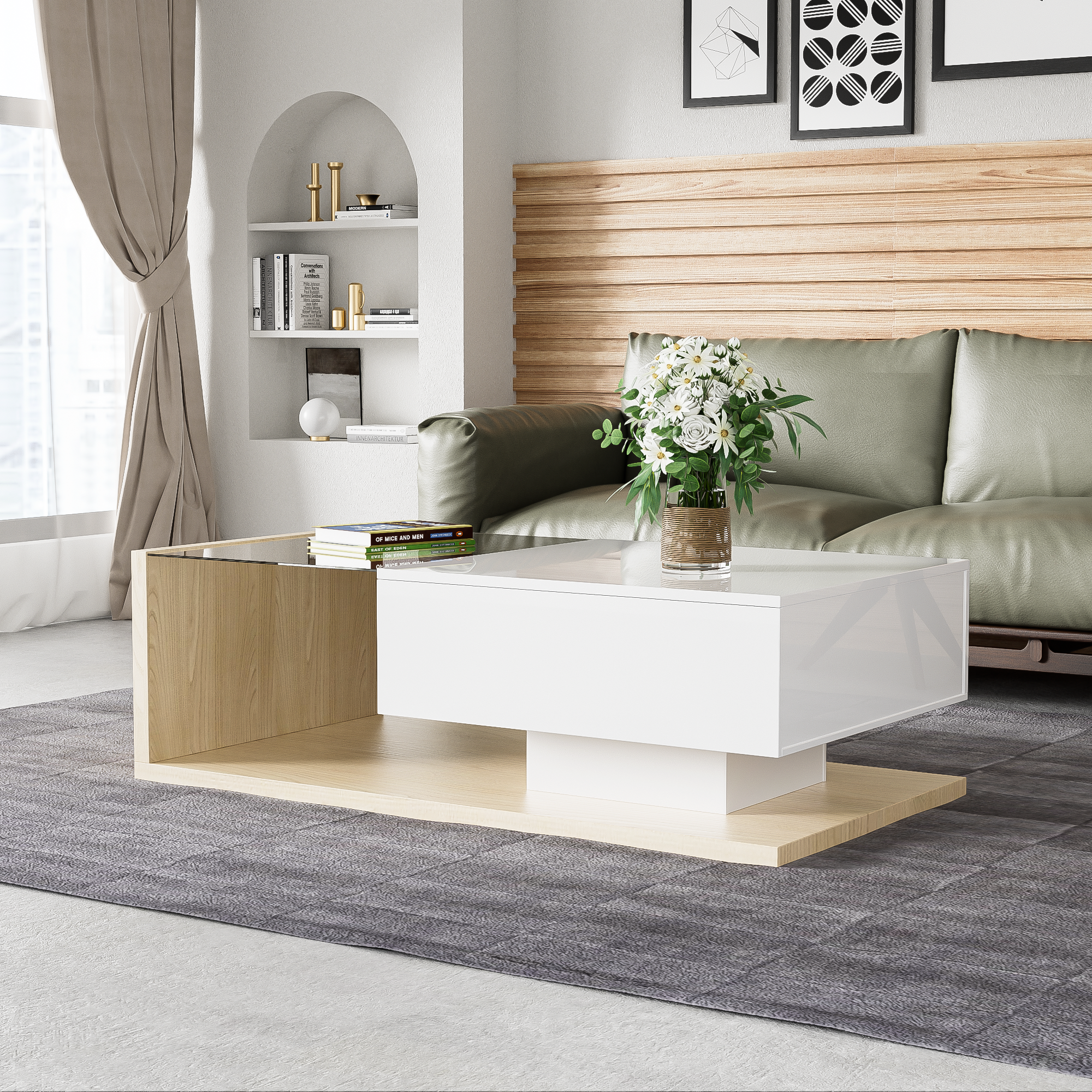 Table basse avec un tiroir et étagères - LEDs - 105x55x32,5cm - Panneaux de particules - Blanc brillant et bois - 2