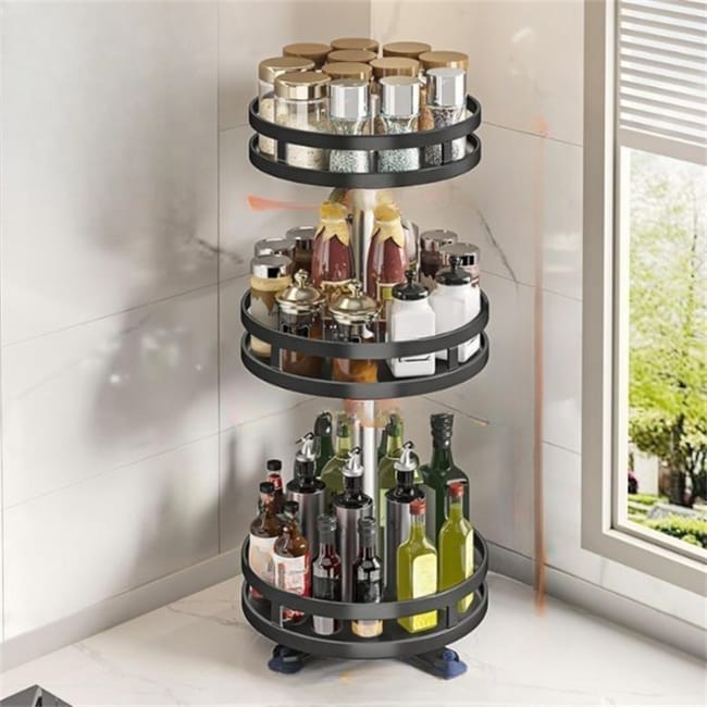 Obrotowa półka kuchenna metalowa z 3 półkami – regulowana wysokość, okrągła, czarna, ø26×59 cm, organizer na blat