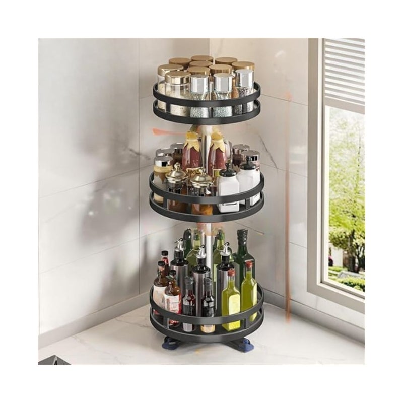 Obrotowa półka kuchenna metalowa z 3 półkami – regulowana wysokość, okrągła, czarna, ø26×59 cm, organizer na blat