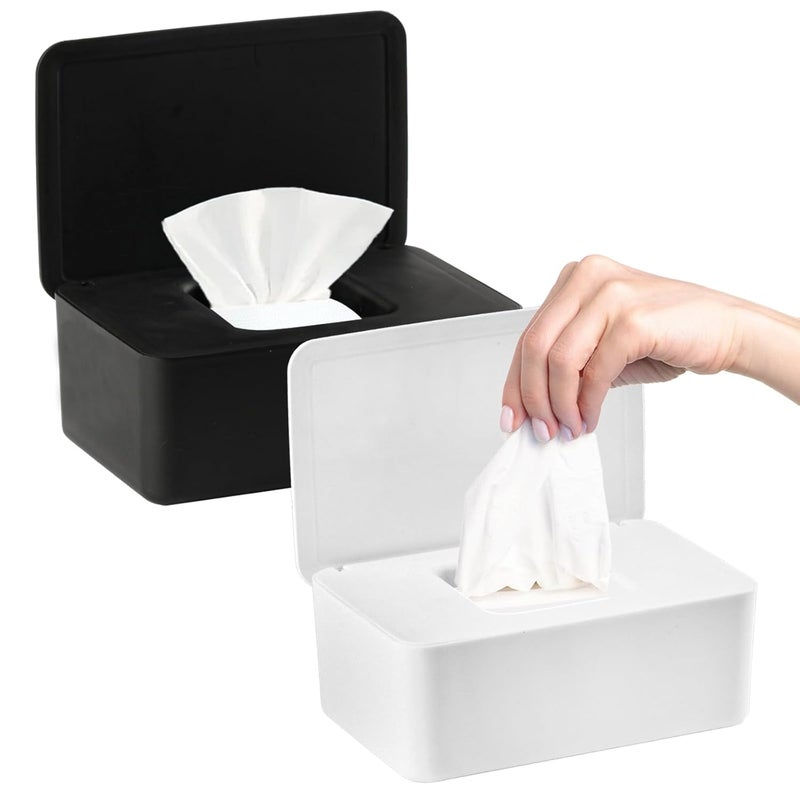 Pudełko na ręczniki papierowe o dużej pojemności (2 sztuki), pojemnik na chusteczki nawilżane z hermetyczną pokrywką (biały/czarny)