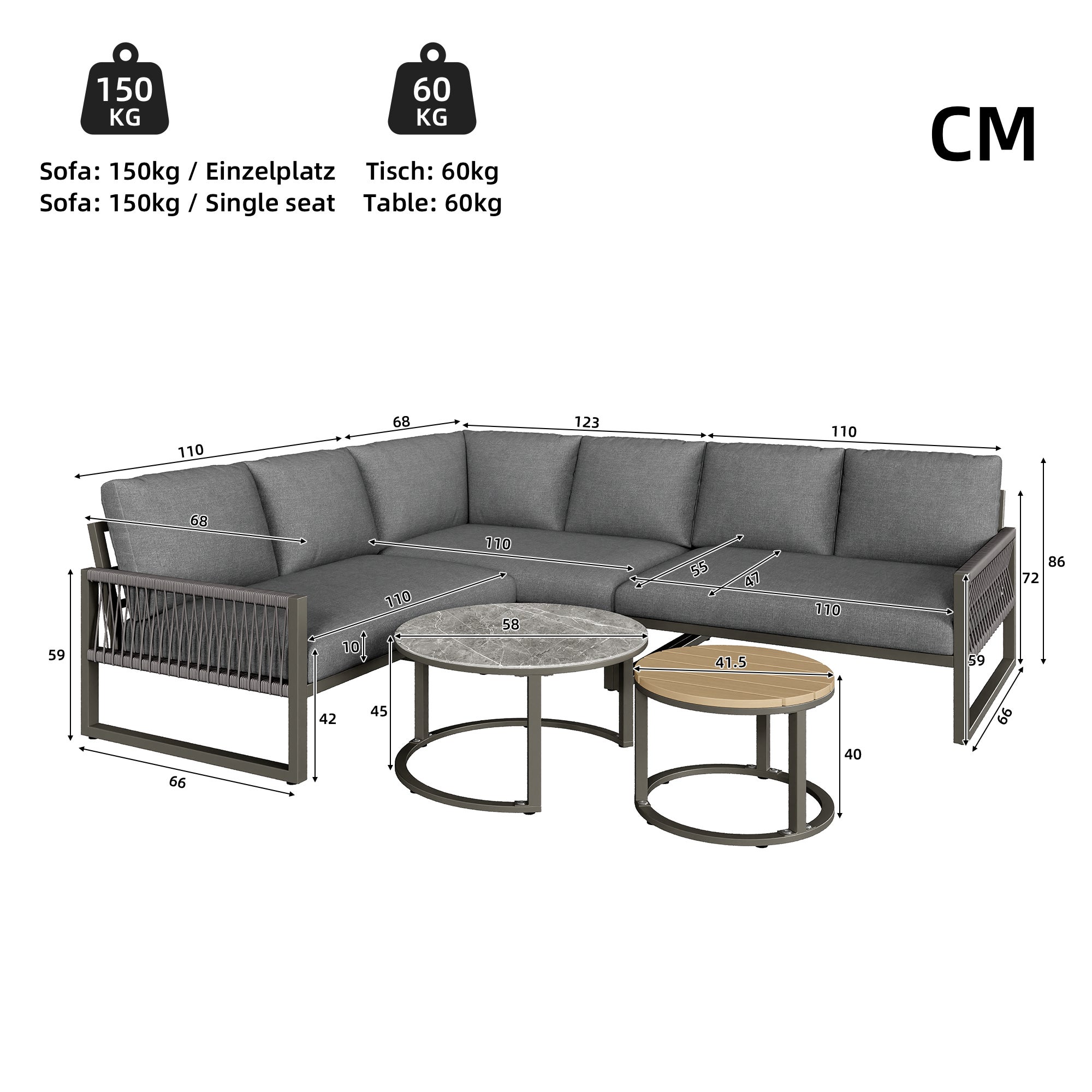 Salon de jardin, ensemble de meubles pour 6-7 personnes, canapé d'angle - en fer galvanisé, pieds réglables, 2 tables gigognes, gris - 9