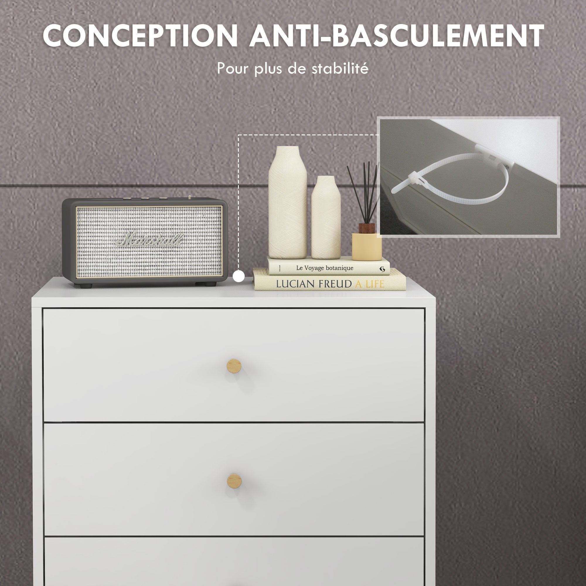 Commode 3 tiroirs Design scandinave Meuble de Rangement Chambre MDF Blanc poignée piètement effilé Bois Massif de pin - 8