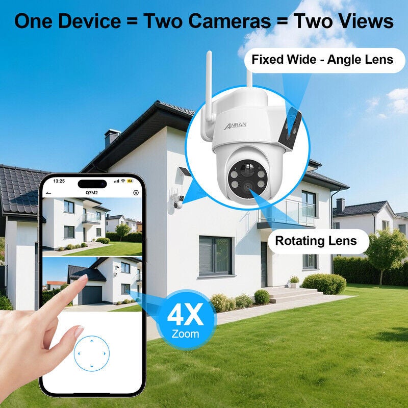 Caméra Surveillance 4K(2K+2K) WiFi Extérieure sans Fil Solaire , Double Objectif Double PIR, 360° Solaire Caméra, Vision Nocturne Couleur,ANRAN - 2