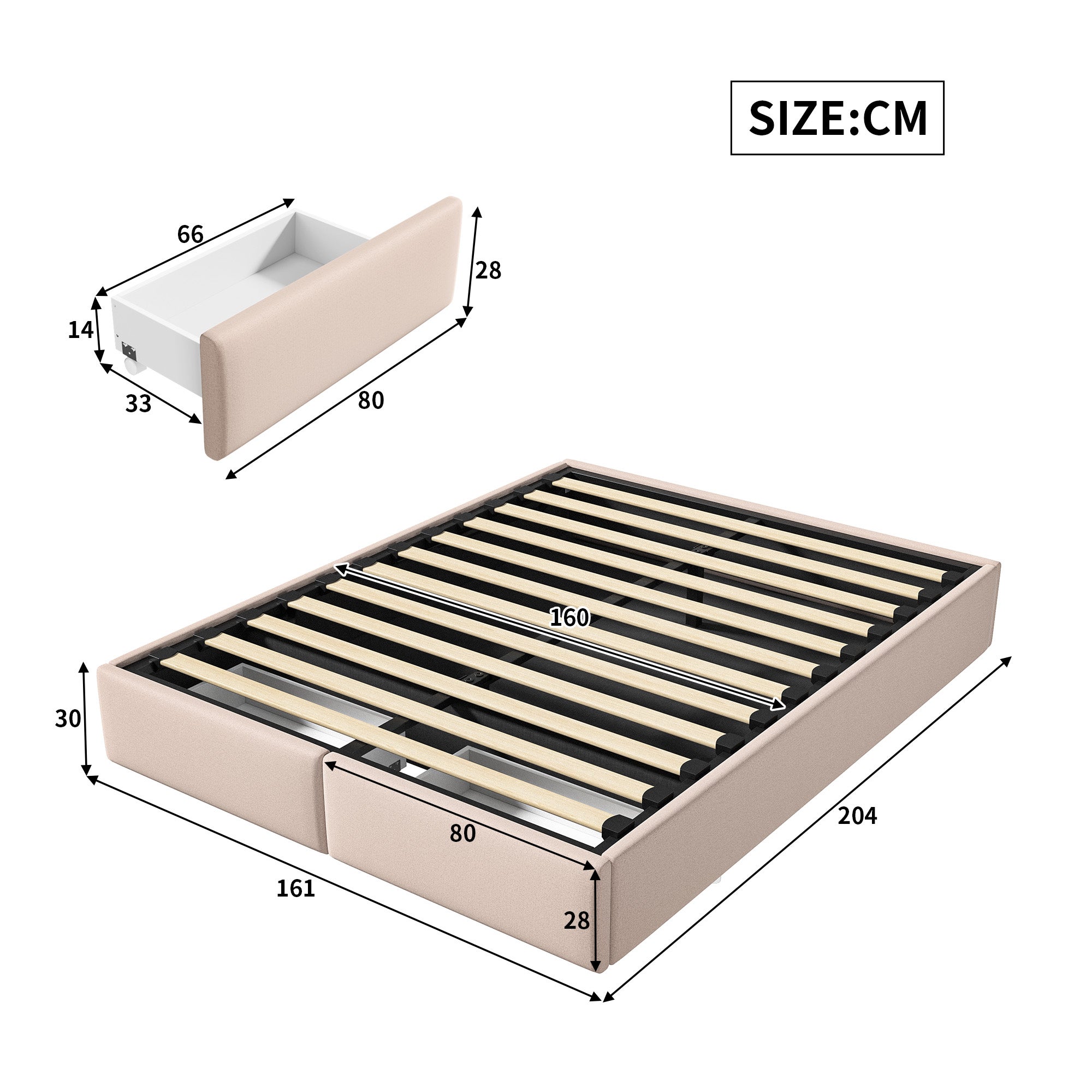 Cama canapé 160x200 cm con sistema hidráulico, 2 cajones, somier de láminas, estructura de metal, tapizada en lino - Beige - 4