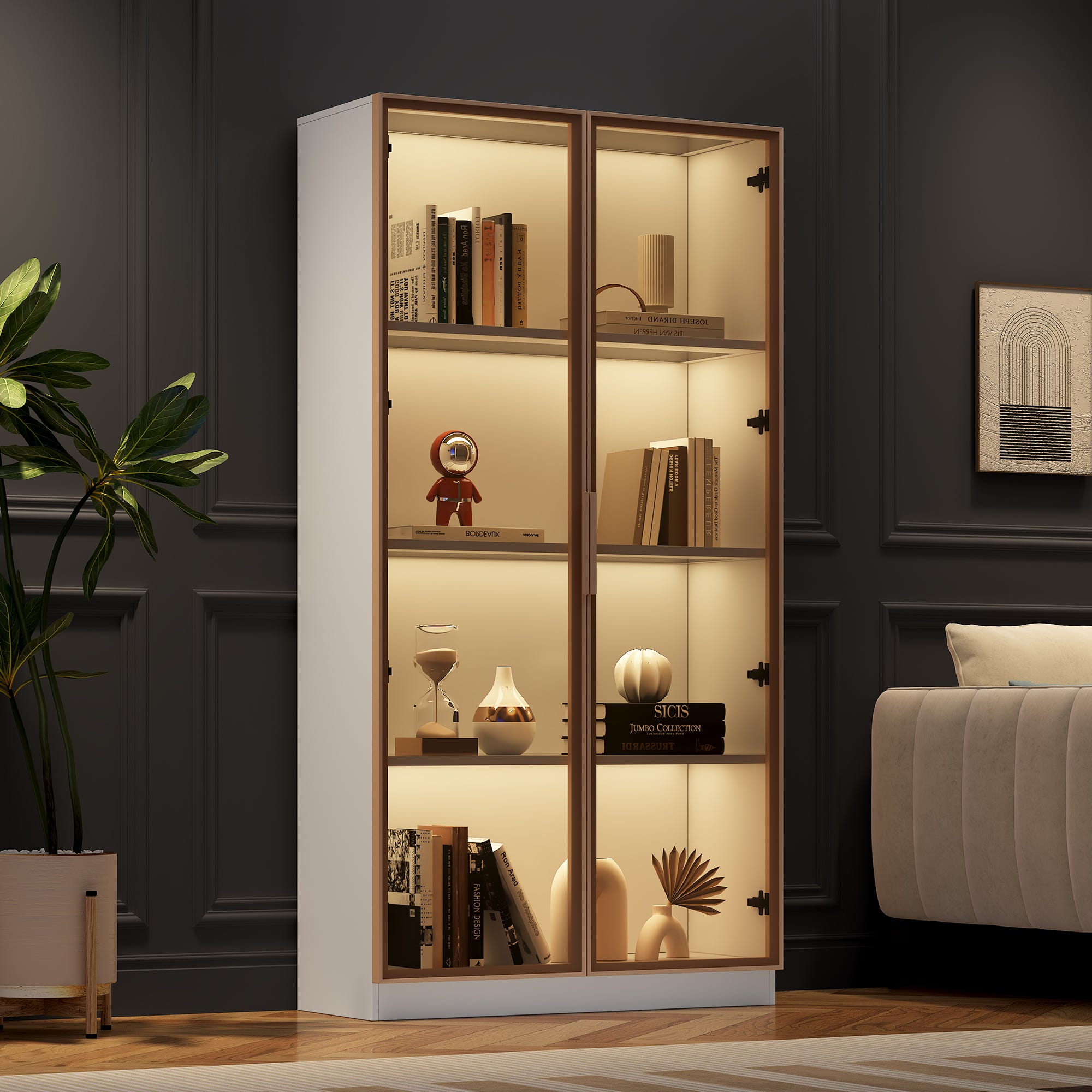 Vitrine 2 portes en verre, buffet haut - LEDs - 80 x 40 x 160 cm ...