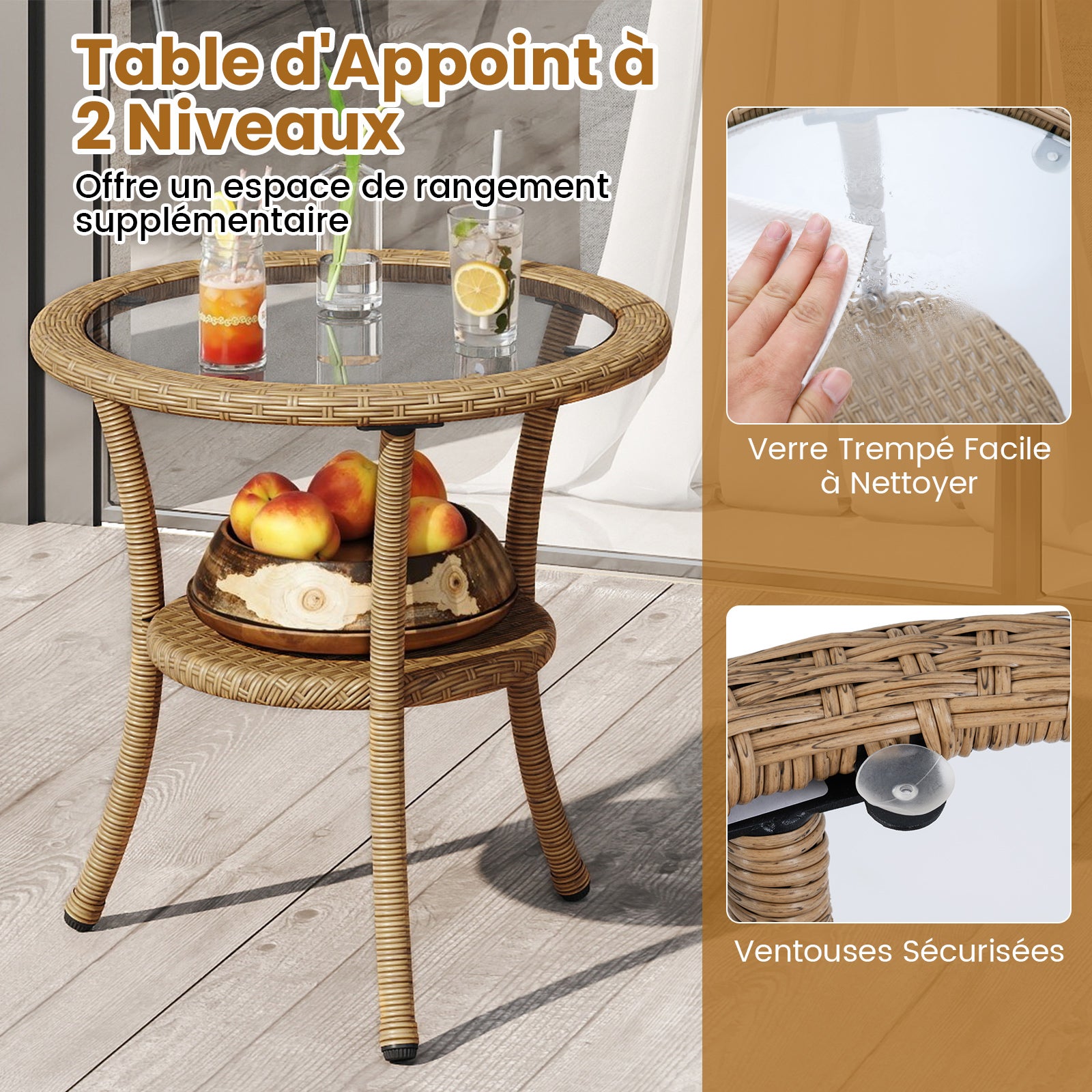 Conjunto de Móveis para Pátio em Fibra de Resina Trançada PE 3 PCS, Conjunto de Conversação Externa com Almofadas e Mesa de Centro de 2 Níveis - 4
