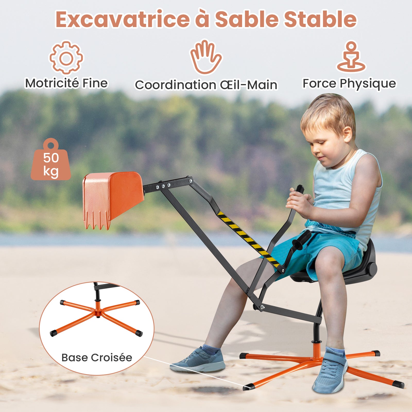 COSTWAY Pelle à Sable Excavateur Enfants avec Siège Rotatif 360 °, Pelleteuse Excavatrice Manuelle avec Cadre Métal, Jouet Extérieur pour Sable Terre Neige, Charge 50kg pour 3 Ans