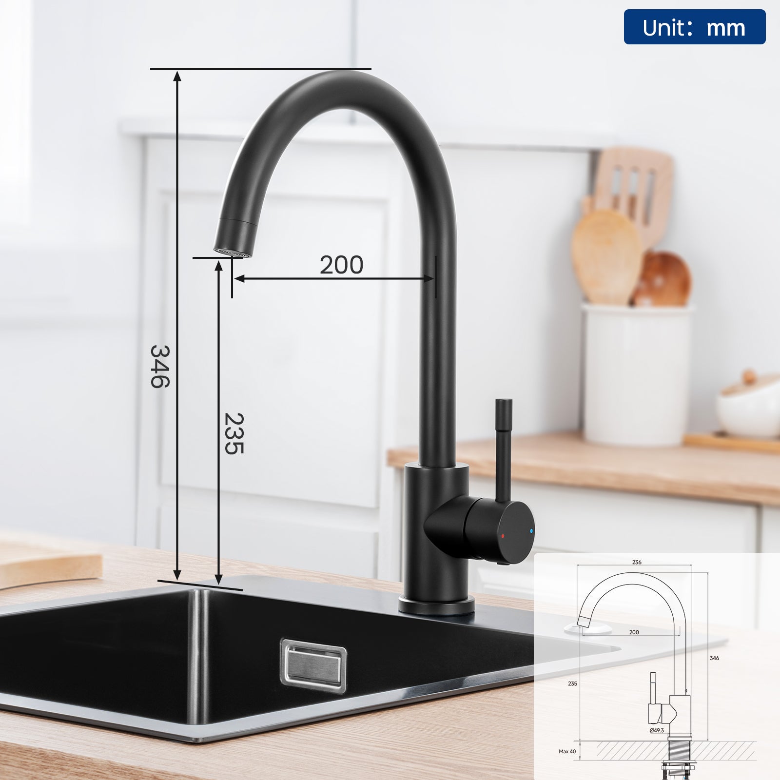 Grifo mezclador de cocina de acero inoxidable, grifo de fregadero de agua fría y caliente, giratorio 360°, con burbujeador desmontable, negro - 6