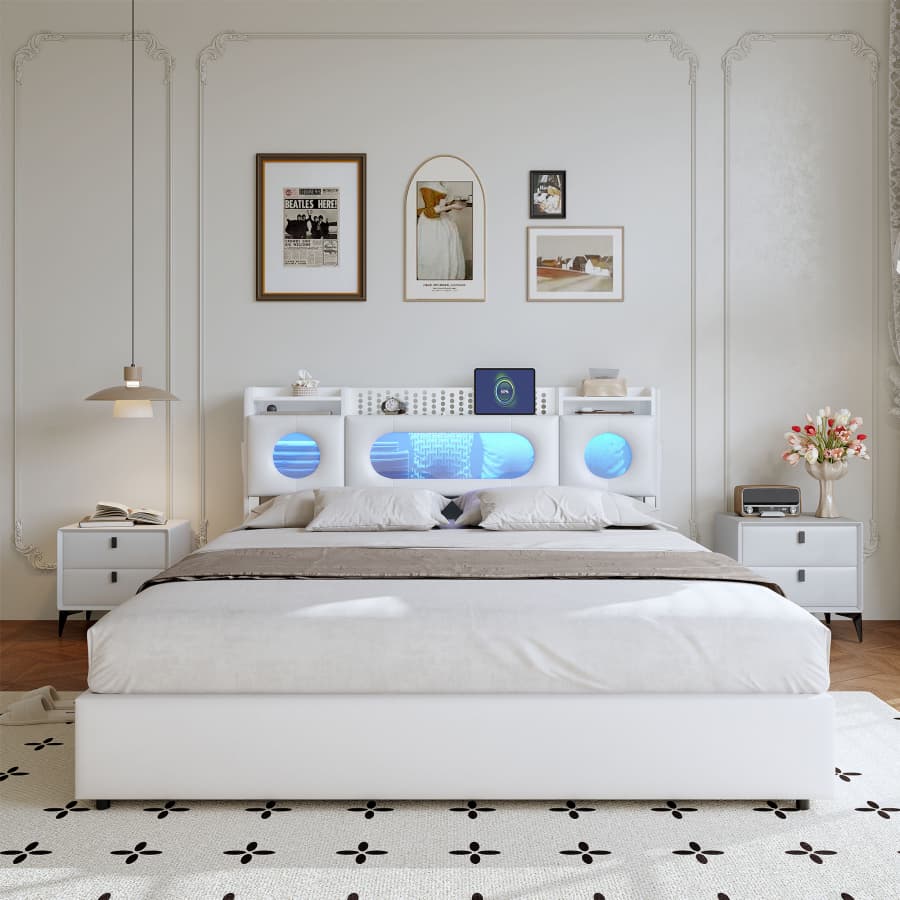 Struttura letto 140*200mm, testiera con luce LED, design silenzioso, facile da montare, PU bianco. - 2