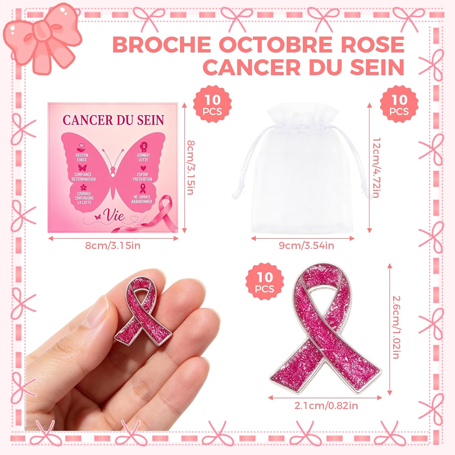 Lot de 10 pins octobre rose avec cartes et sachets, pour événements ...