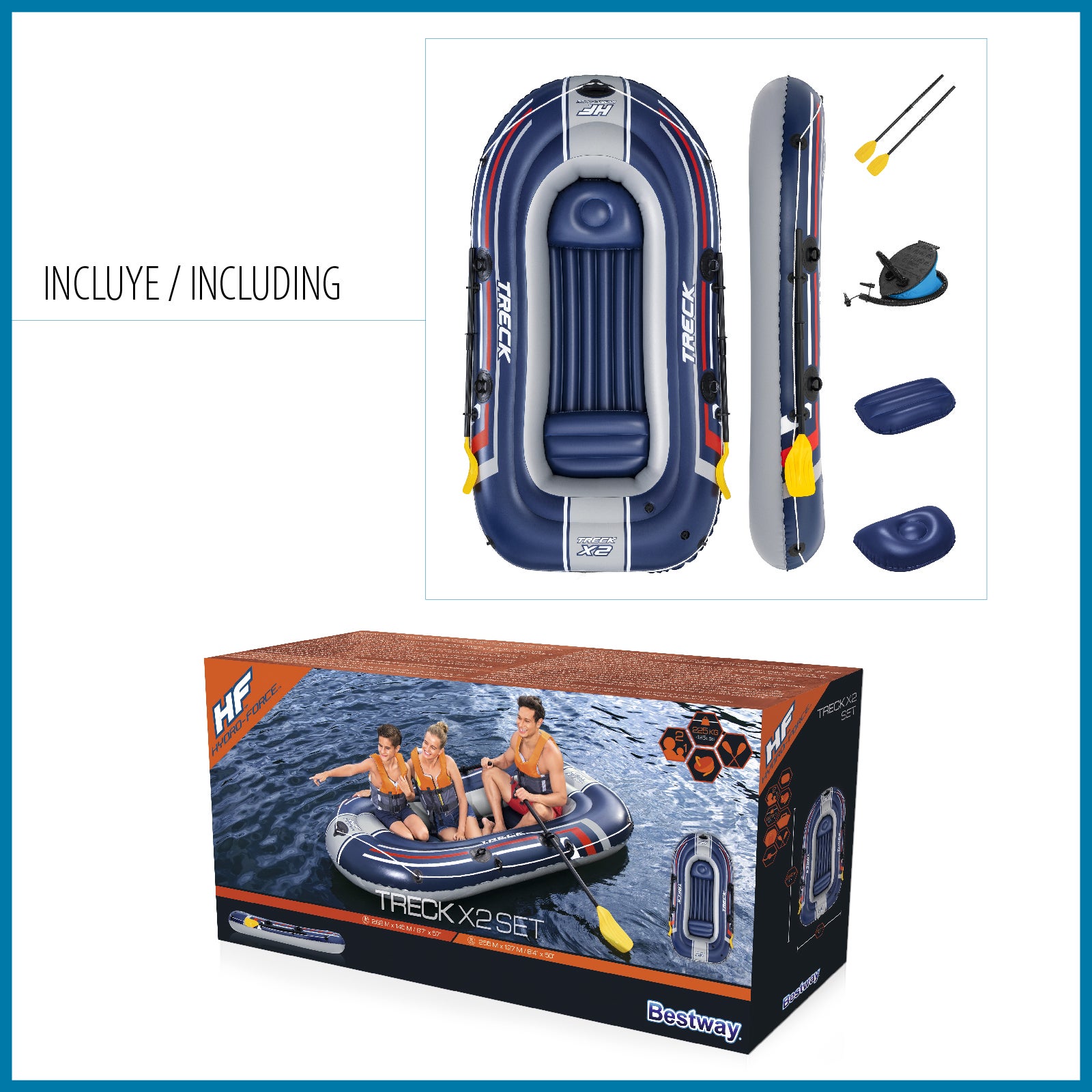 Bateau gonflable pour 2 adultes et 1 enfant Bestway Hydro-Force Treck X2 255 x 127 x 36 cm, avec 2 rames et une pompe à pied incluse - 6