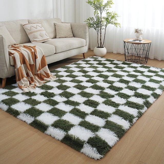 Tapis Salon Shaggy 160 x 230 cm Descente de lit Poils Longs Doux pour Salon Chambre Canapé Moelleux Chambre Blanc Vert