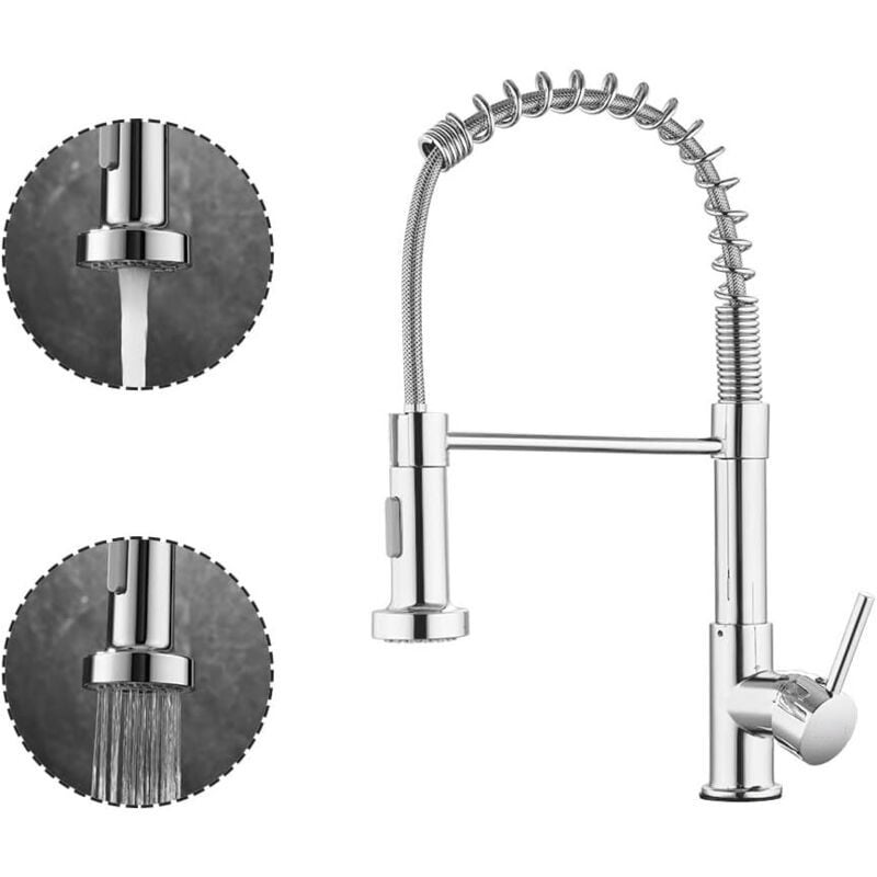 Bateria kuchenna z wyciąganą wylewką, bateria kuchenna, obrót o 360°, 2 strumienie, kolor srebrny