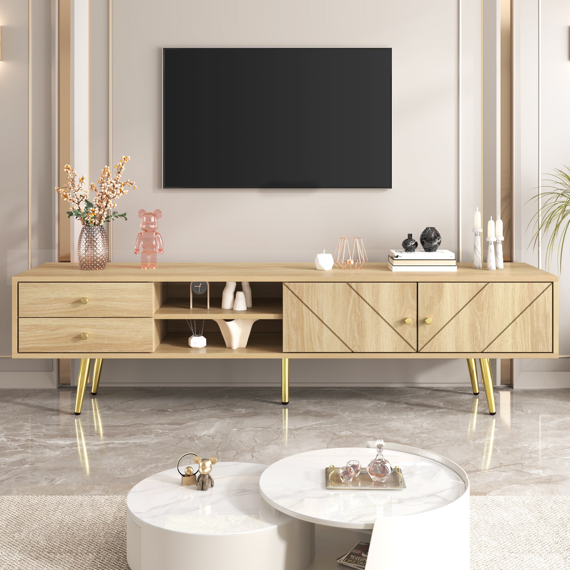 Szafka RTV z 2 drzwiami i 2 szufladami - 160 x 36 x 42 cm - Płyta MDF, Płyta wiórowa - Kolor drewna