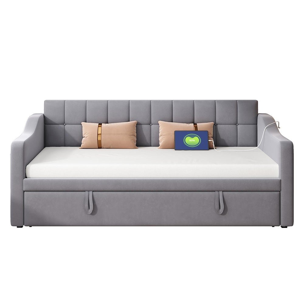 Lit adulte Lit rembourré Canapé-lit 2 en 1 Canapé-lit multifonction 90/180 avec prise de courant et sac de rangement gris en velours - 4