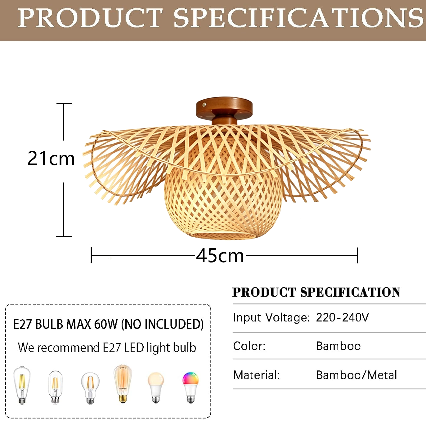 Lustre en bambou tressé (ampoule incluse), plafonnier style bohème, petite lampe décorative pour salle à manger, cuisine et couloir – Ø 45 cm - 4