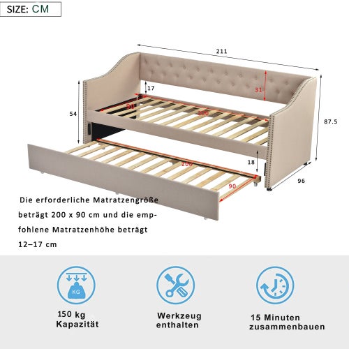 Divano Letto Imbottito Estraibile Soweiz – 90x200 Cm, Beige Velluto, Con Doghe In Legno, Per Bambini E Ospiti - 3