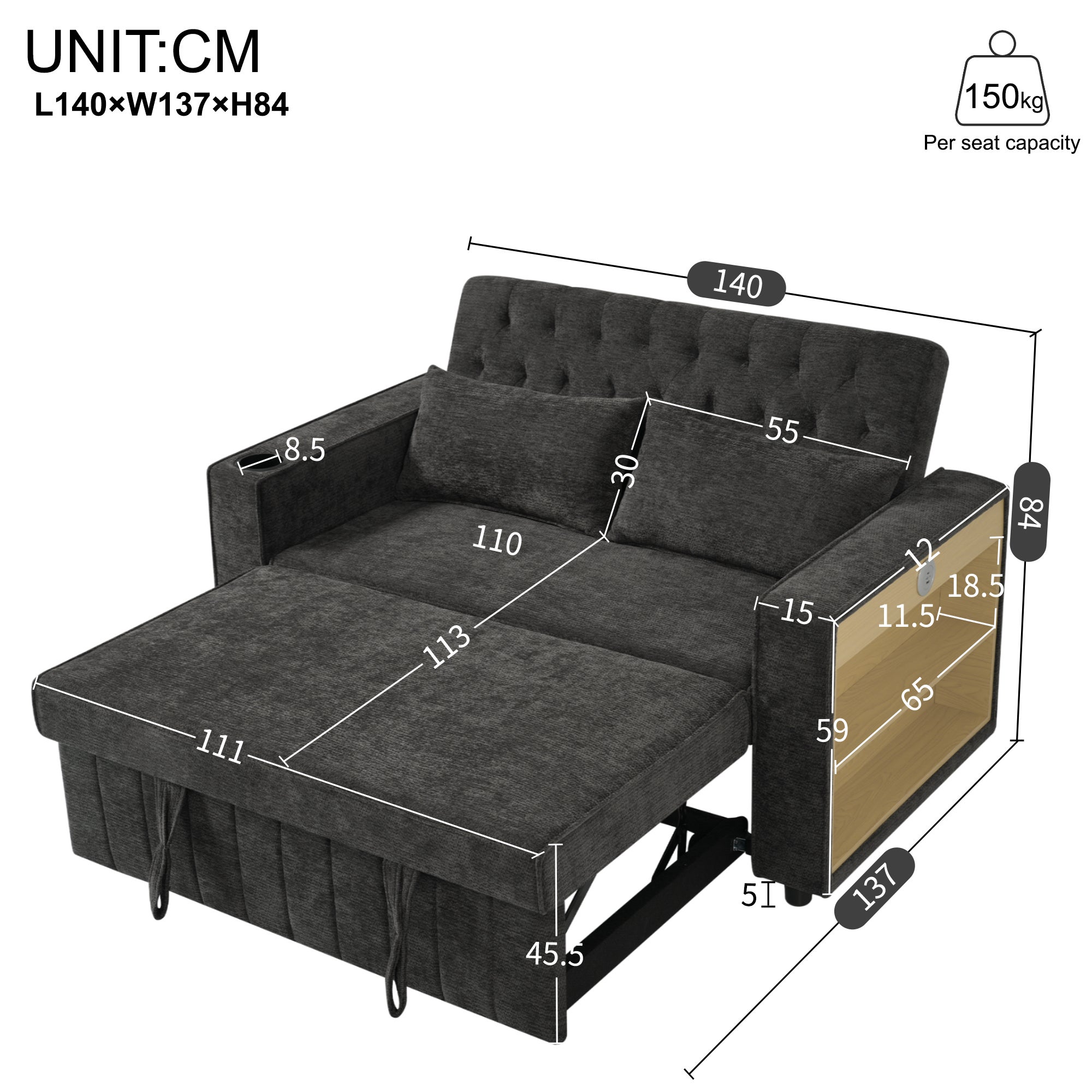 Canapé pliant moderne pour 2 personnes - avec porte-gobelets - avec ports de charge USB - avec coussins - tissu chenille - Gris - 6