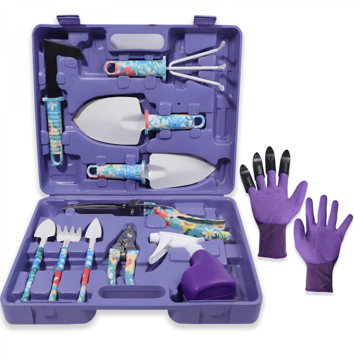 Set de unelte de grădinărit cu 12 piese, unelte de grădinărit din oțel inoxidabil rezistente, imprimeu floral, mistrie, greblă, plivitor