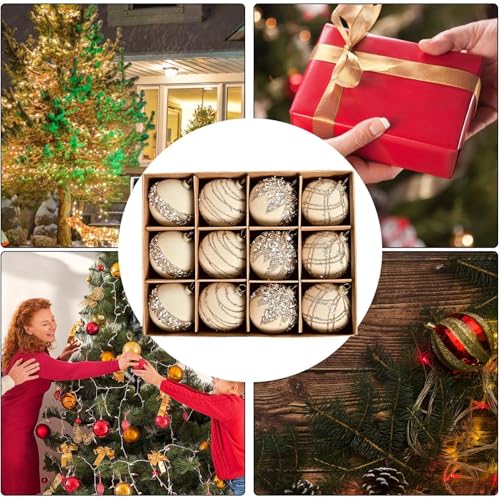 12 palline di Natale bordeaux, palline di Natale in velluto, palline di Natale floccate, decorazioni per albero di Natale glitterate, beige - 7