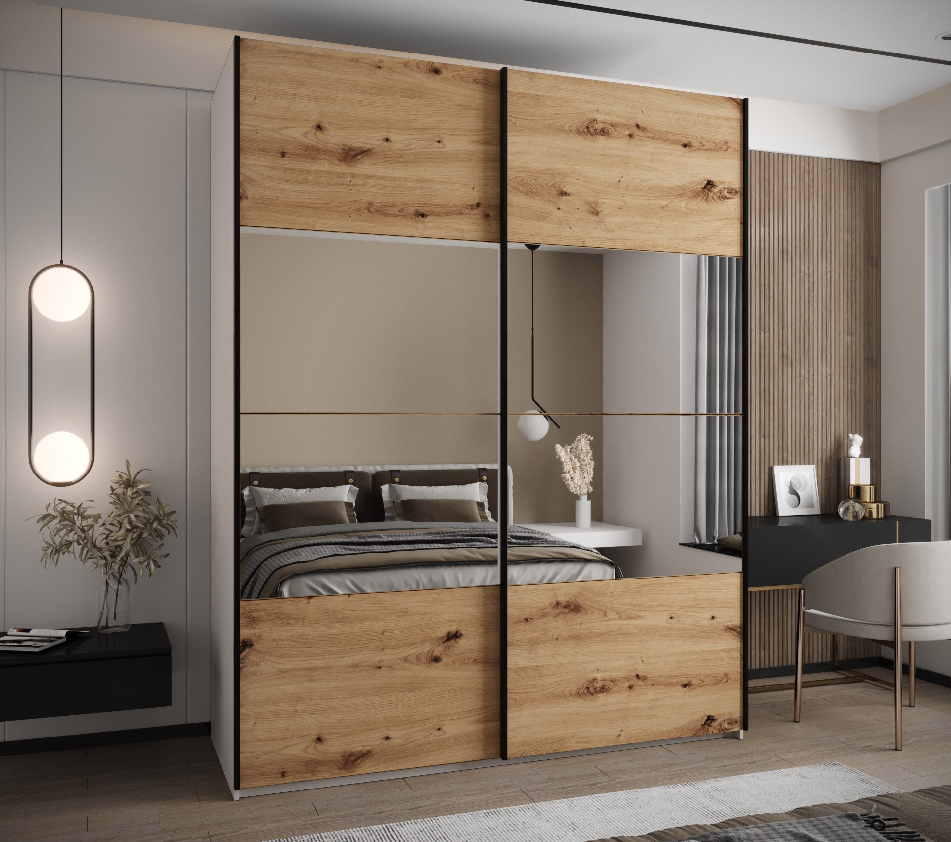 Szafa przesuwna wysoka Lux 4 200 x 64 x 245,5 cm biały + artisan + u. czarny - Abiks Meble - 2