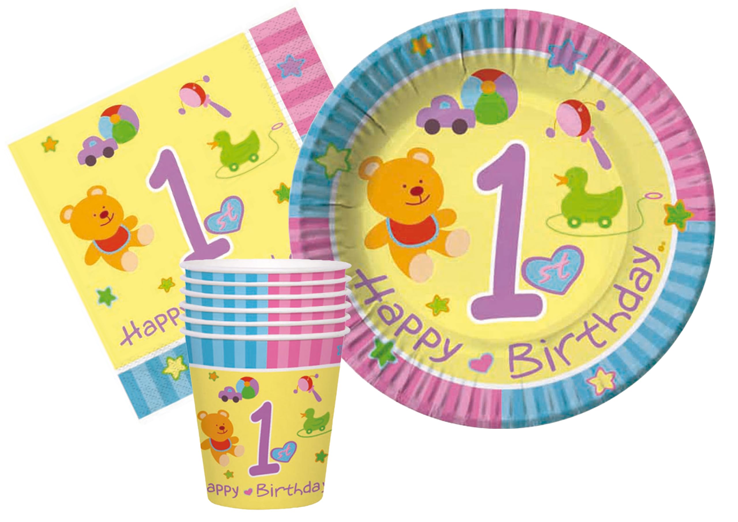 Kit Party Tavola Buon Compleanno Shiny Gold per 24 persone (112 pezzi: 24 piatti 23cm, 24 piatti 18cm, 24 bicchieri 200ml, 40 tovaglioli 33x33cm) in carta compostabile eco-friendly