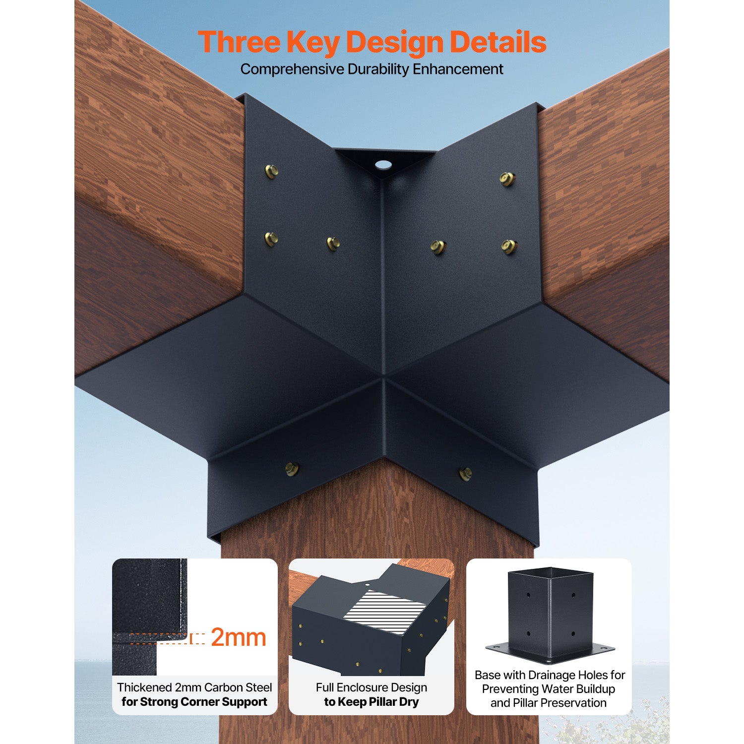 Kit SucceBuy supports pergola 8 pièces, 4 angles 3 voies, 4 bases, acier carbone, poutres bois standard, structures bois pour événements extérieurs - 3