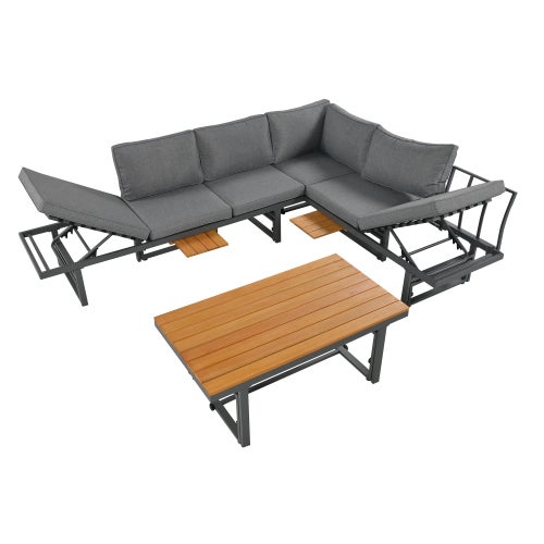 Mobiliario de jardín modular en hierro galvanizado: 2 sofás elevables de 3 plazas + 1 mesa de centro - Gris - 9