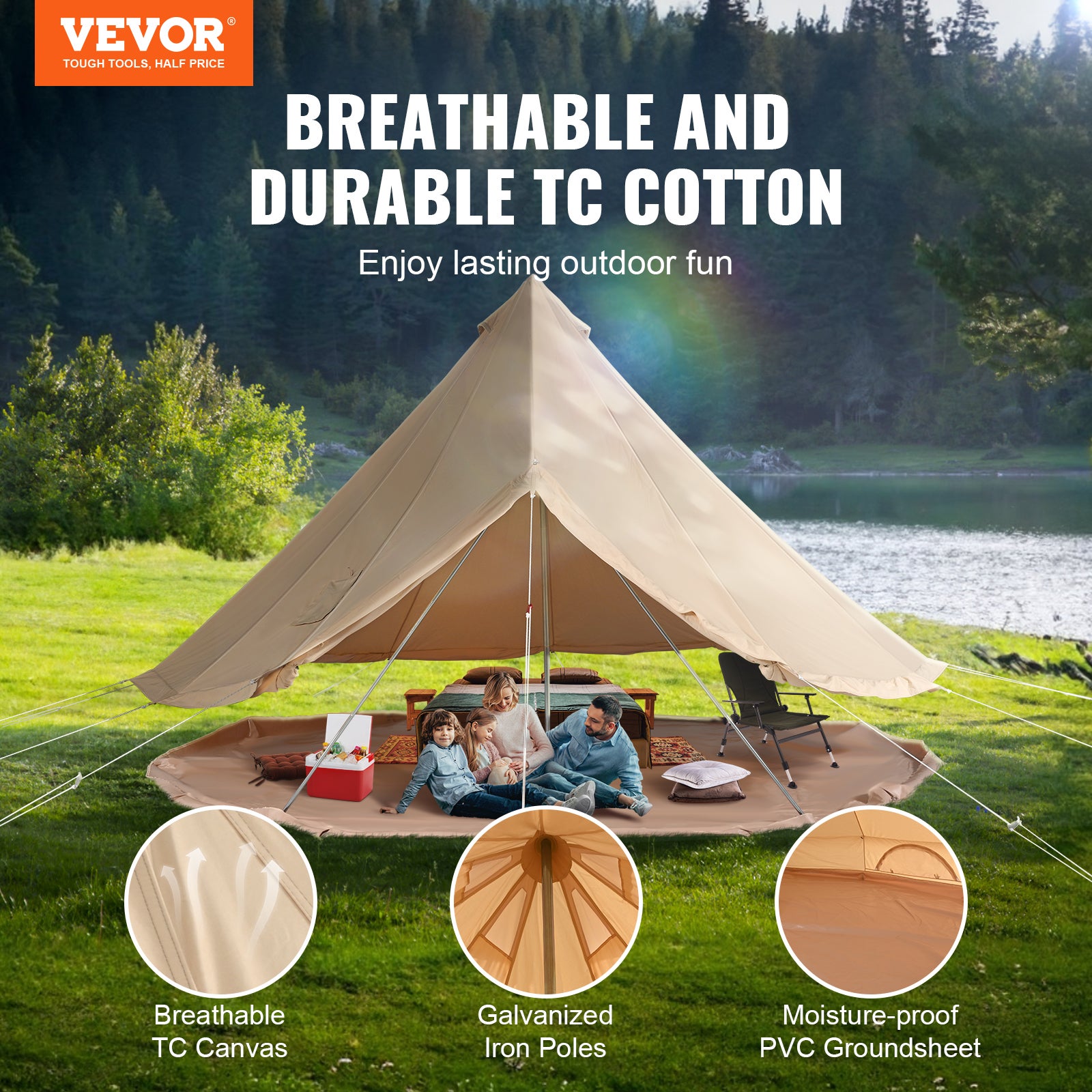Tente Cloche en Toile VEVOR 3 m Tente de Yourte 4 Saisons Tente de Camping Familial avec Trou de Poêle à Bois, Sacs pour Glamping Jusqu'à 4 Personnes - 2