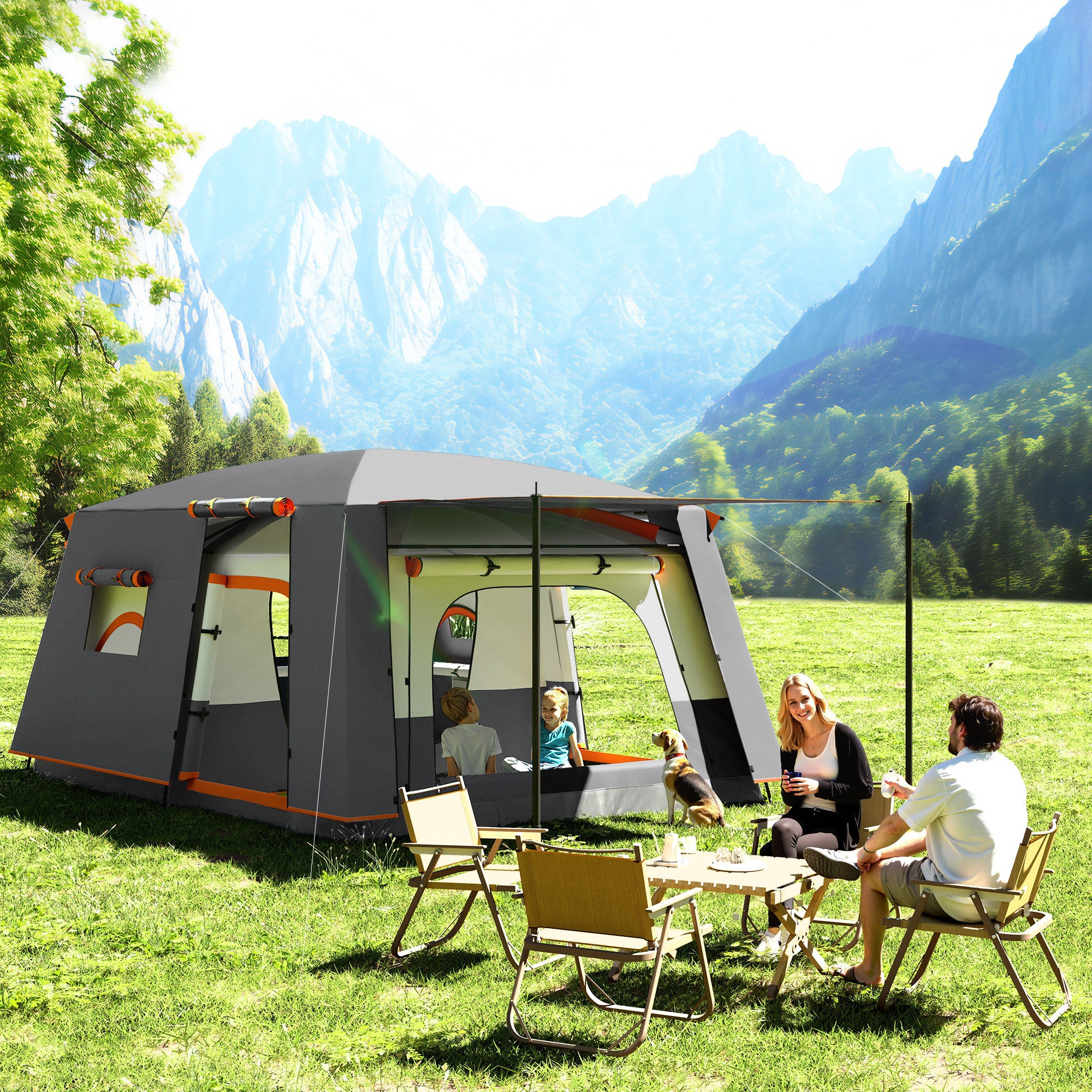 Tente camping 4-6 personnes, 2 chambres et véranda, imperméable UPF30+, sac de transport, gris - 3