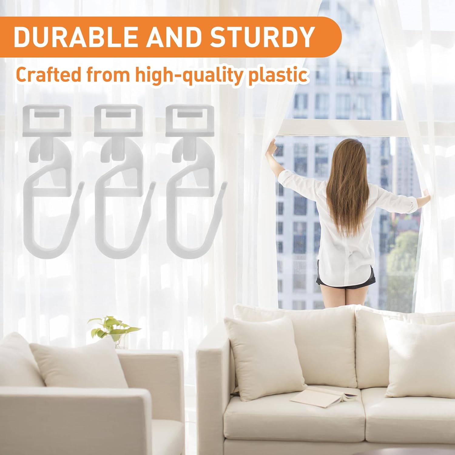 Zestaw 60 haczyków do zasłon do szyn 34 mm - pętelka 5,8 do 7 mm - plastik - biały - akcesoria do przyczep kempingowych i kamperów - 5