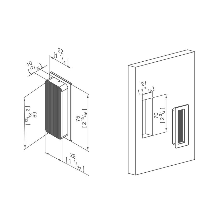 Poignée cuvette rectangulaire - 32 x 75 mm - métal chromé - 4
