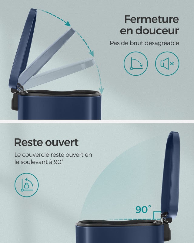 Poubelle Cuisine 50L, Poubelle Bureau, Fermeture en Douceur, avec Pédale, en Acier, Seau Intérieur, Bleu - 4